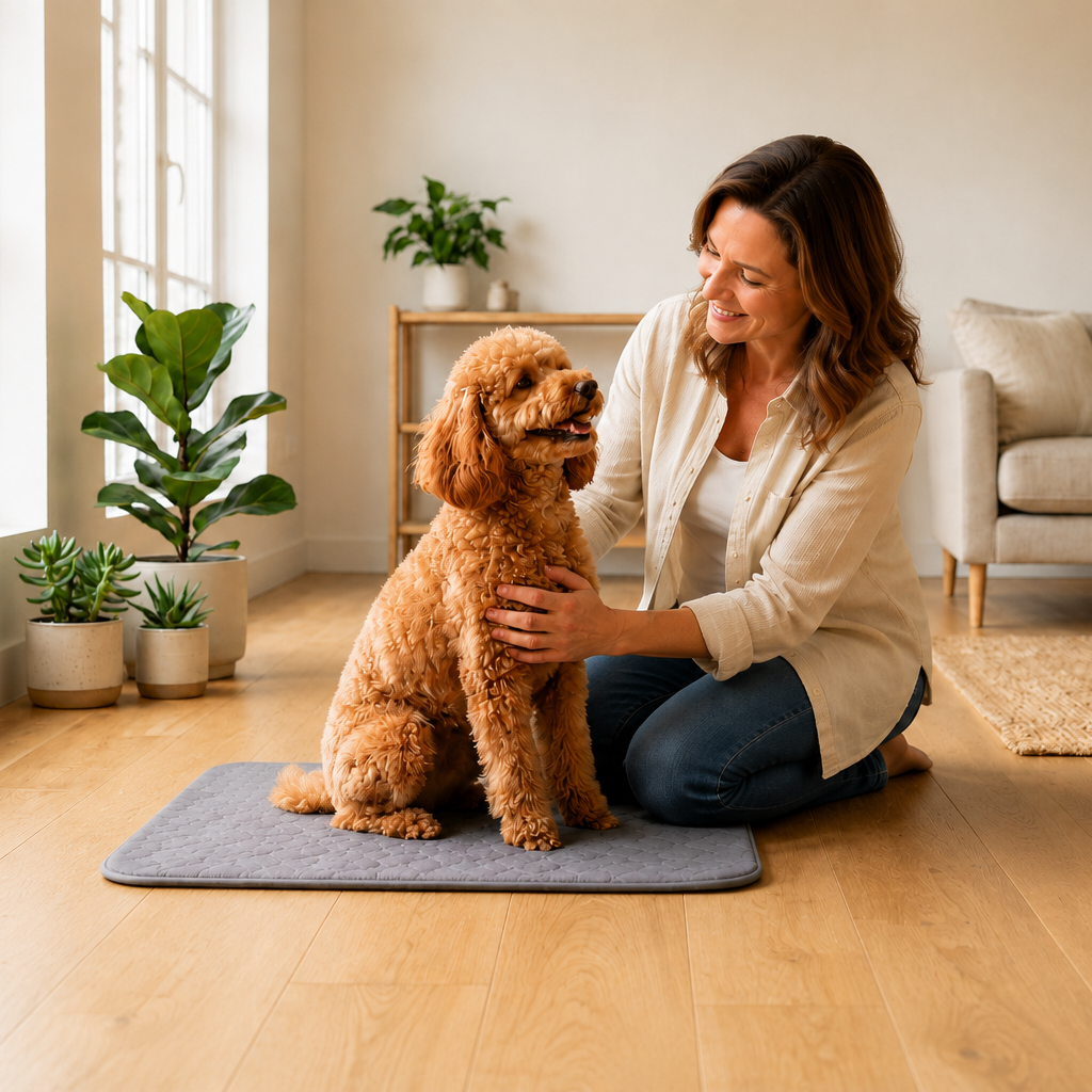 Woman sitting on the floor with a dog in a bright living room